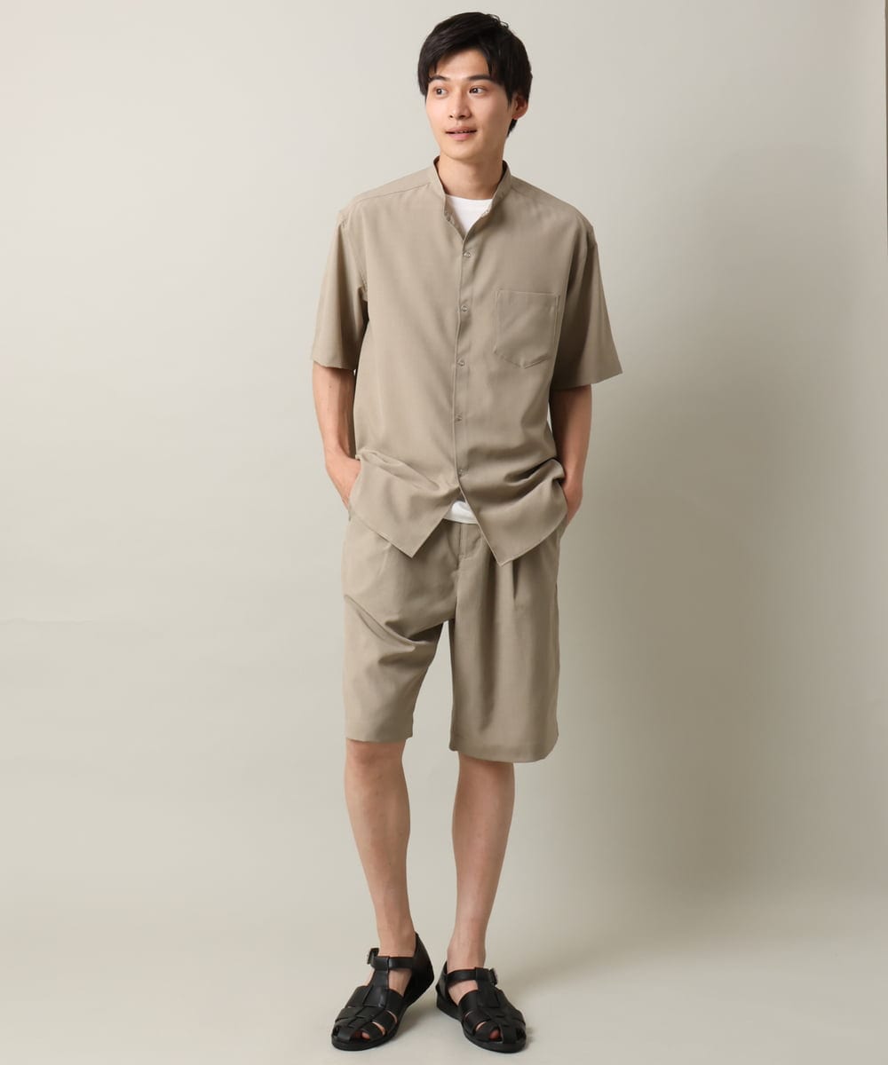 KHBHV77049 a.v.v MEN(アー・ヴェ・ヴェ) 【接触冷感】バンドカラーシャツ 5分袖（セットアップ可）リライトシリーズ3 ベージュ
