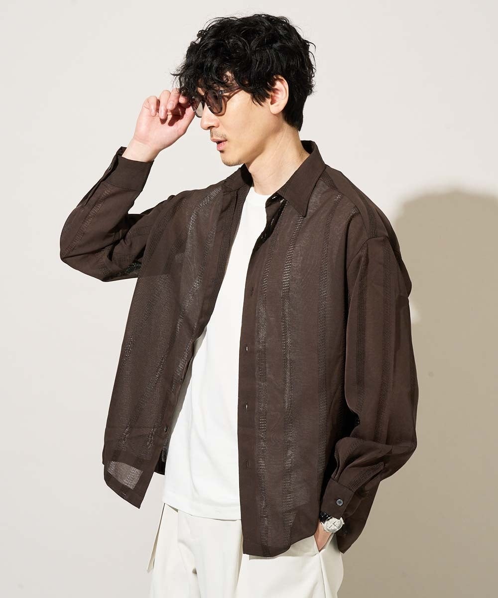 KHBJA08069 a.v.v MEN(アー・ヴェ・ヴェ) 【イージーケア/速乾】カラミストライプワイドシルエットシャツ【洗濯機で洗える】 ブラウン