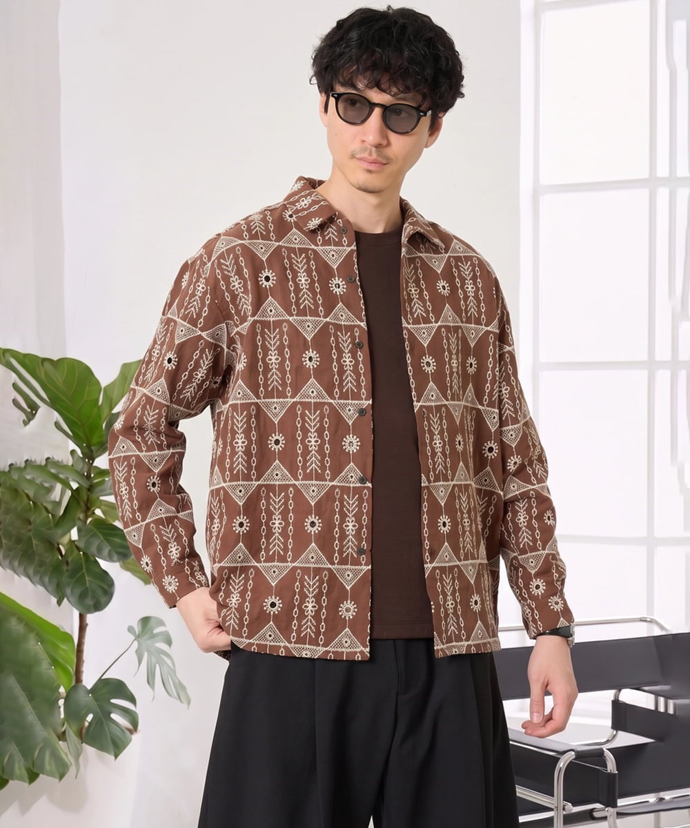 KHBJD08079 a.v.v MEN(アー・ヴェ・ヴェ) ＼秋の装いに、さりげない個性を／ クラフトシシュウワイドシルエットシャツ【洗濯機で洗える】 ブラウン