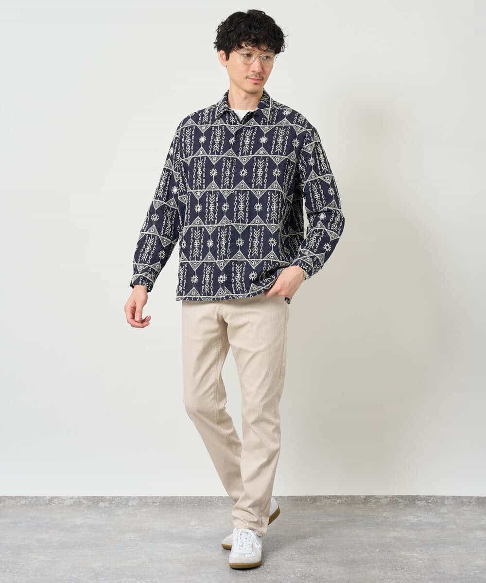 KHBJD08079 a.v.v MEN(アー・ヴェ・ヴェ) 【洗濯機で洗える】クラフトシシュウワイドシルエットシャツ ブラウン
