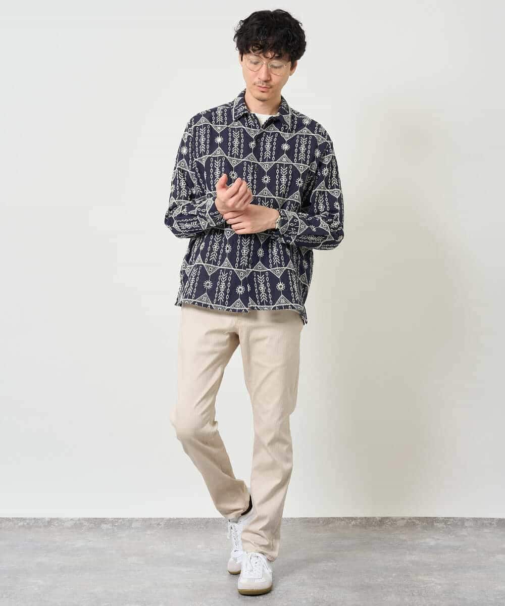 KHBJD08079 a.v.v MEN(アー・ヴェ・ヴェ) 【洗濯機で洗える】クラフトシシュウワイドシルエットシャツ ブラウン