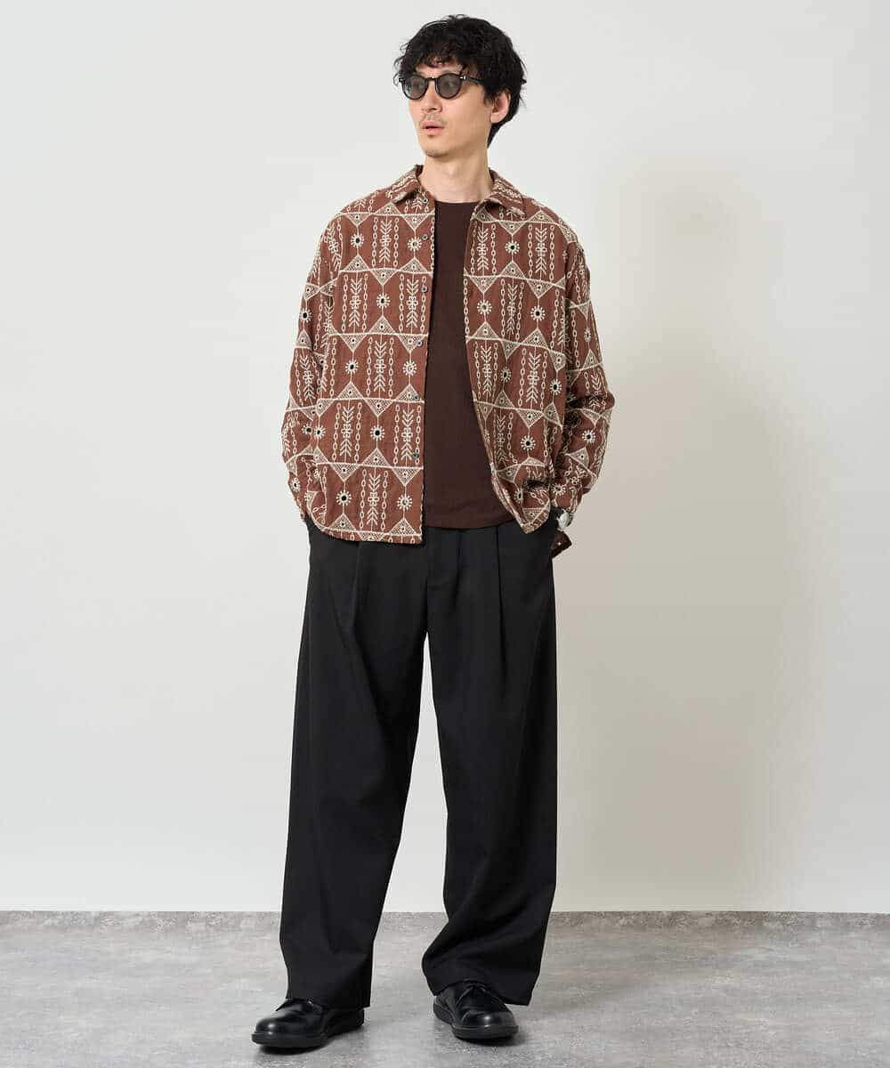 KHBJD08079 a.v.v MEN(アー・ヴェ・ヴェ) 【洗濯機で洗える】クラフトシシュウワイドシルエットシャツ ブラウン