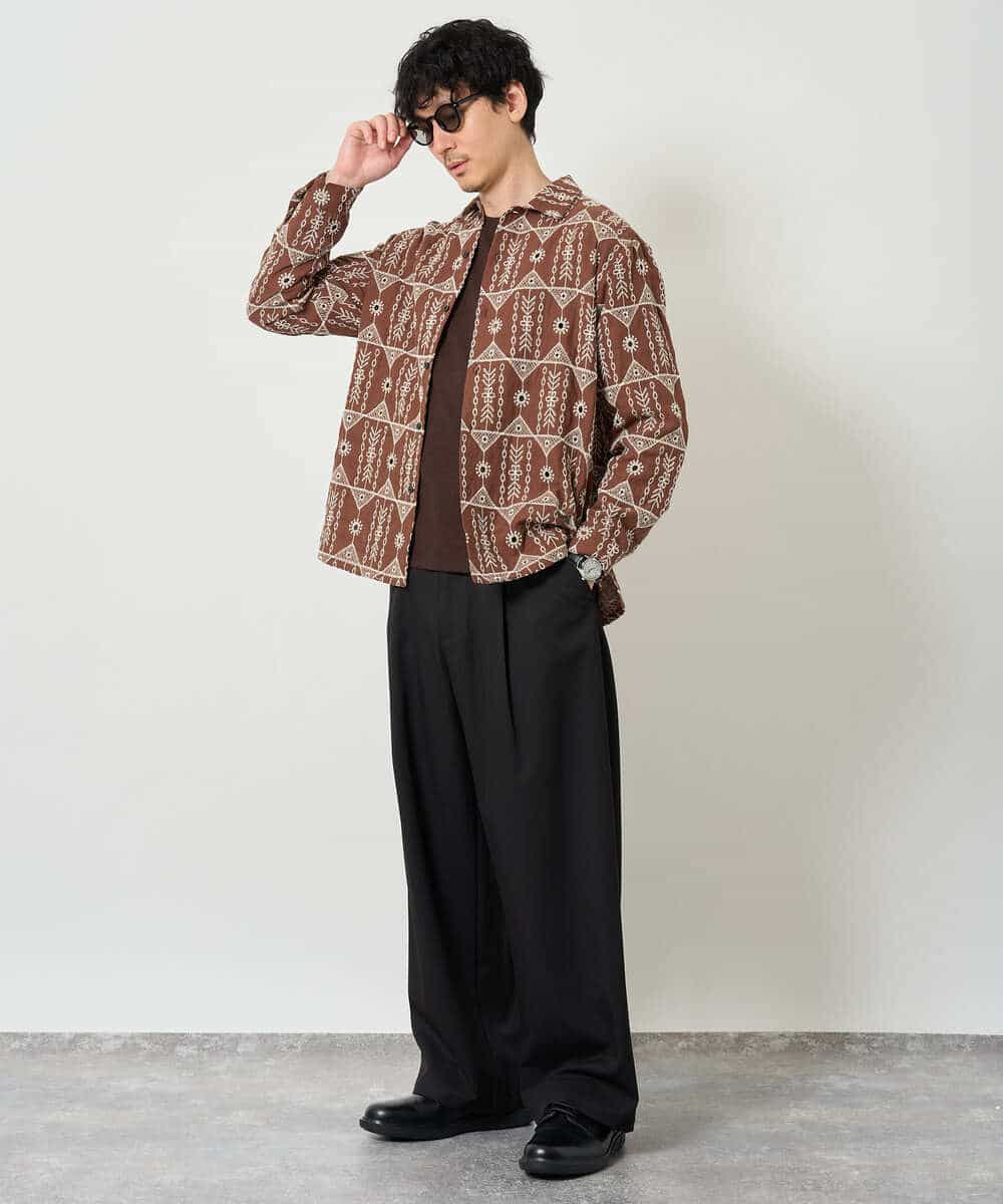 KHBJD08079 a.v.v MEN(アー・ヴェ・ヴェ) 【洗濯機で洗える】クラフトシシュウワイドシルエットシャツ ブラウン