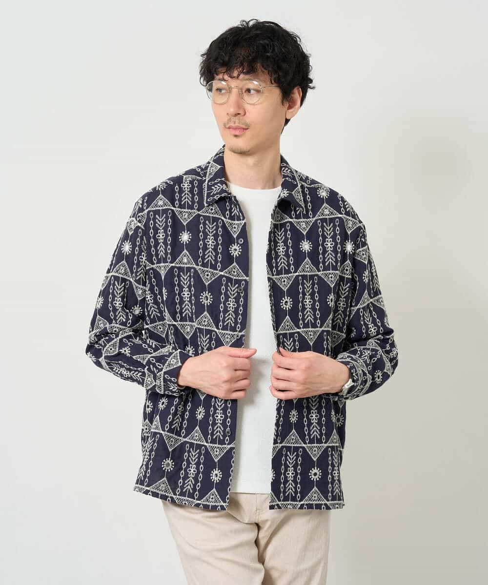 KHBJD08079 a.v.v MEN(アー・ヴェ・ヴェ) 【洗濯機で洗える】クラフトシシュウワイドシルエットシャツ ブラウン