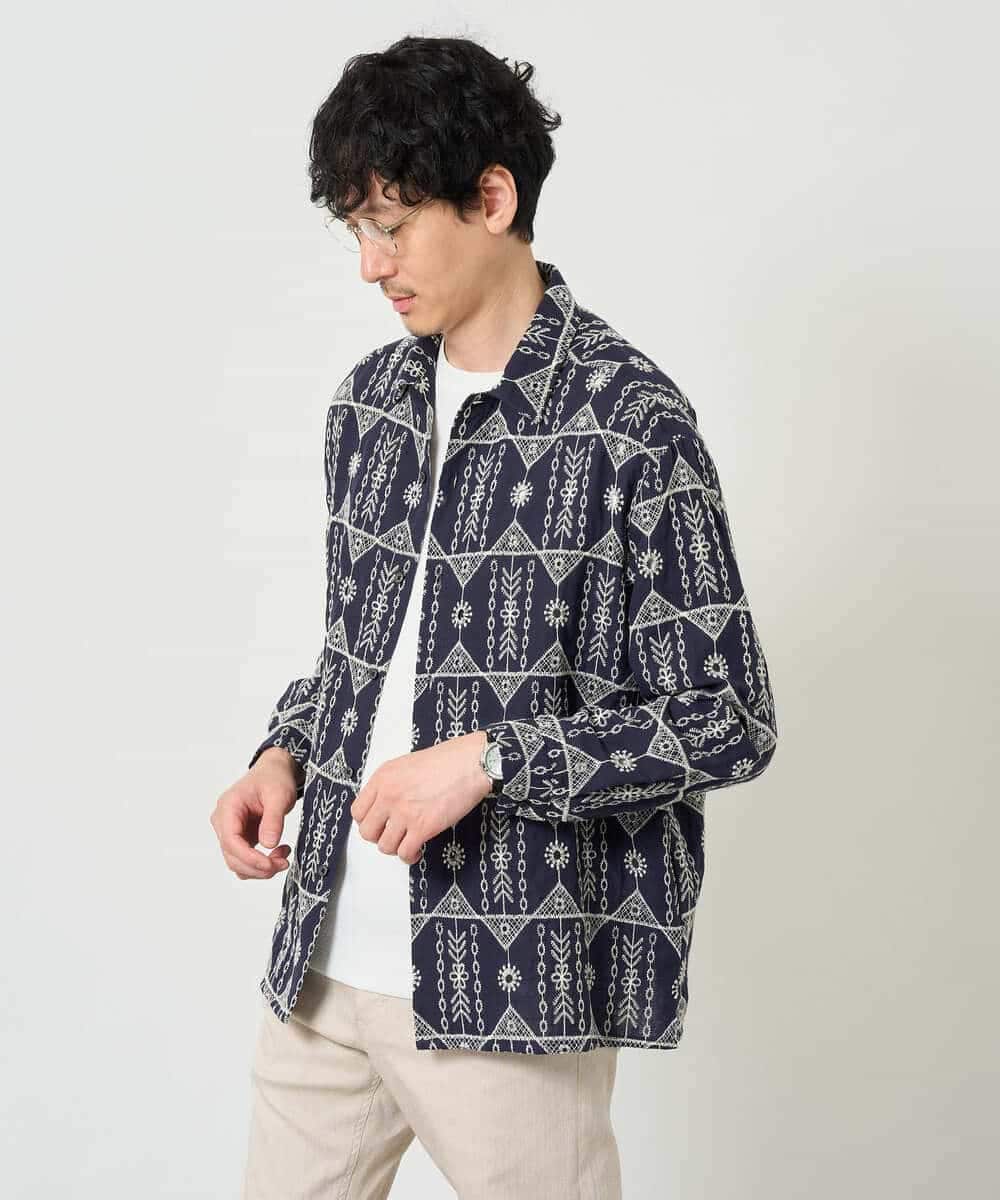 KHBJD08079 a.v.v MEN(アー・ヴェ・ヴェ) 【洗濯機で洗える】クラフトシシュウワイドシルエットシャツ ブラウン