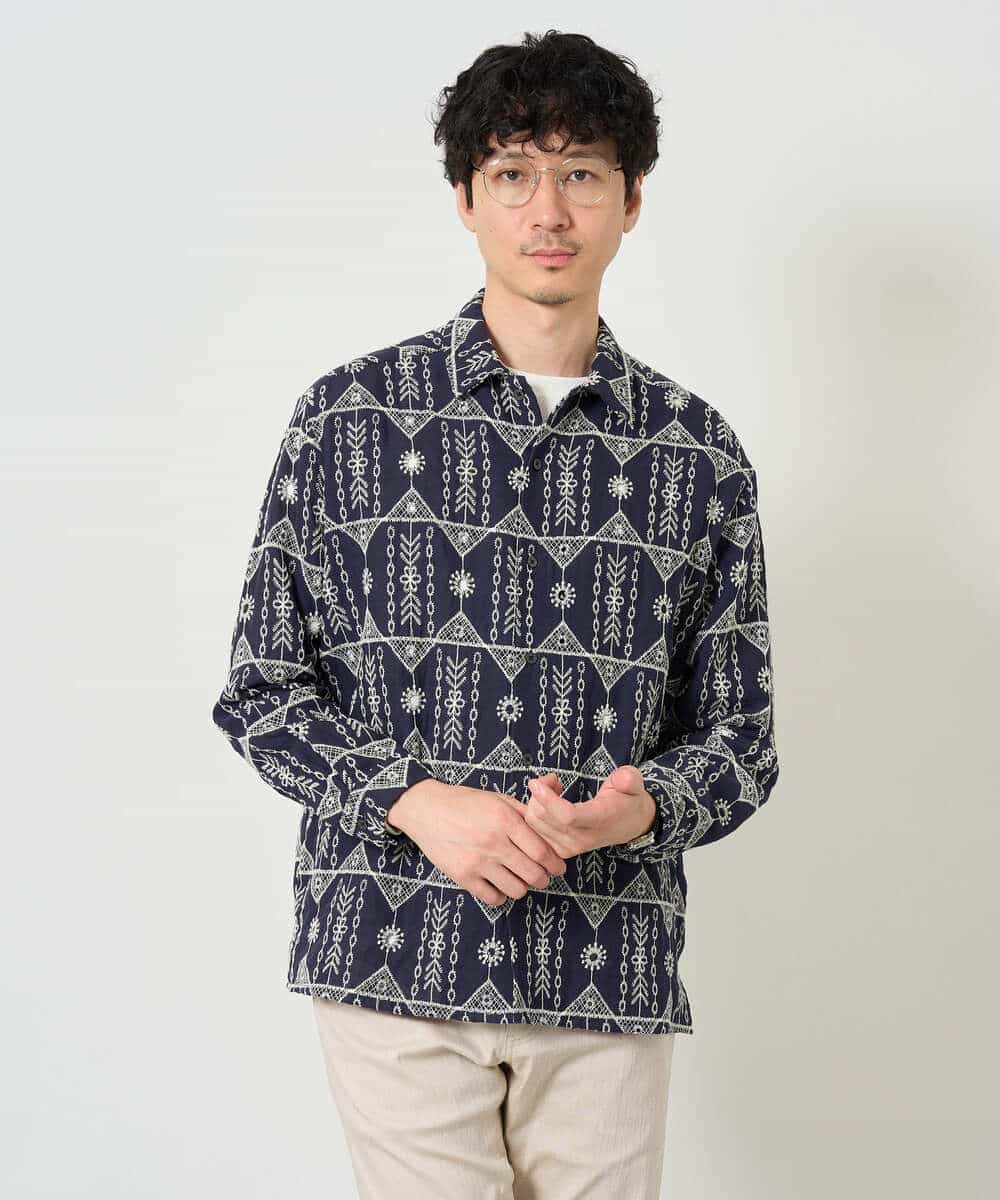 KHBJD08079 a.v.v MEN(アー・ヴェ・ヴェ) 【洗濯機で洗える】クラフトシシュウワイドシルエットシャツ ブラウン