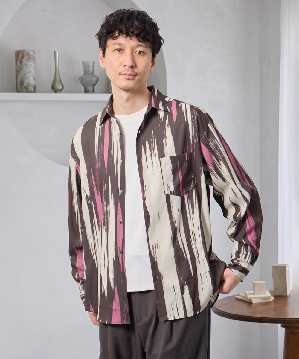 KHBJD09069 a.v.v MEN(アー・ヴェ・ヴェ) ＼秋に着たい、大人の柄シャツ／ペインター柄ワイドシルエットシャツ【イージーケア/洗濯機で洗える/速乾/毛玉になりにくい】 ブラウン