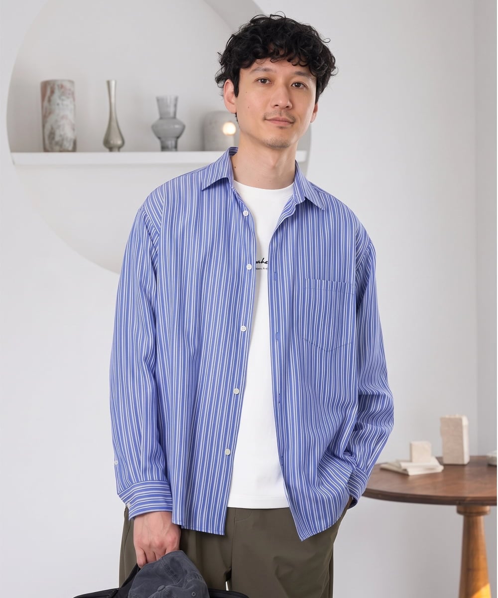 KHBJD16069 a.v.v MEN(アー・ヴェ・ヴェ) ＼秋に着たい、ラフな一枚／ランダムストライプワイドシルエットシャツ【イージーケア/洗濯機で洗える/毛玉になりにくい】 ブルー