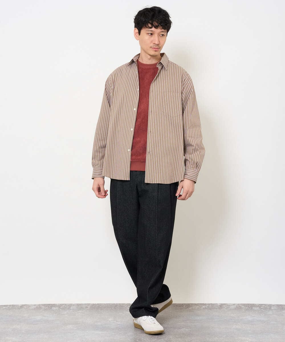 KHBJD16069 a.v.v MEN(アー・ヴェ・ヴェ) ＼秋に着たい、ラフな一枚／ランダムストライプワイドシルエットシャツ【イージーケア/洗濯機で洗える/毛玉になりにくい】 ブラウン