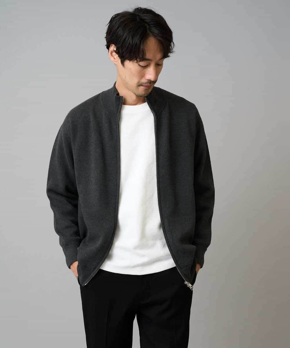 KHCAD20069 a.v.v MEN(アー・ヴェ・ヴェ) 【洗濯機で洗える】ダブルフェイスニットスタンドジップカーディガン ブラック