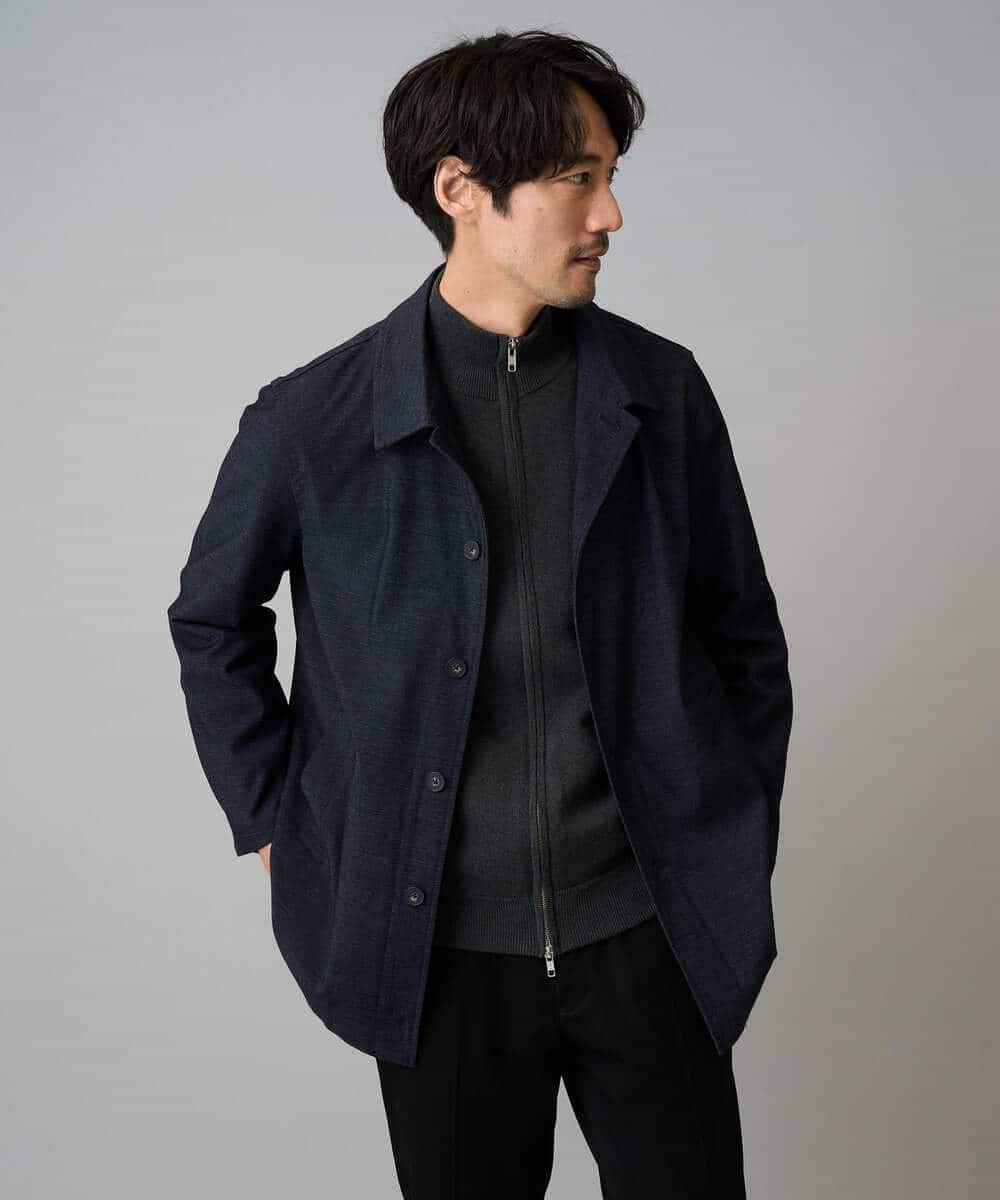 KHCAD20069 a.v.v MEN(アー・ヴェ・ヴェ) 【洗濯機で洗える】ダブルフェイスニットスタンドジップカーディガン ブラック