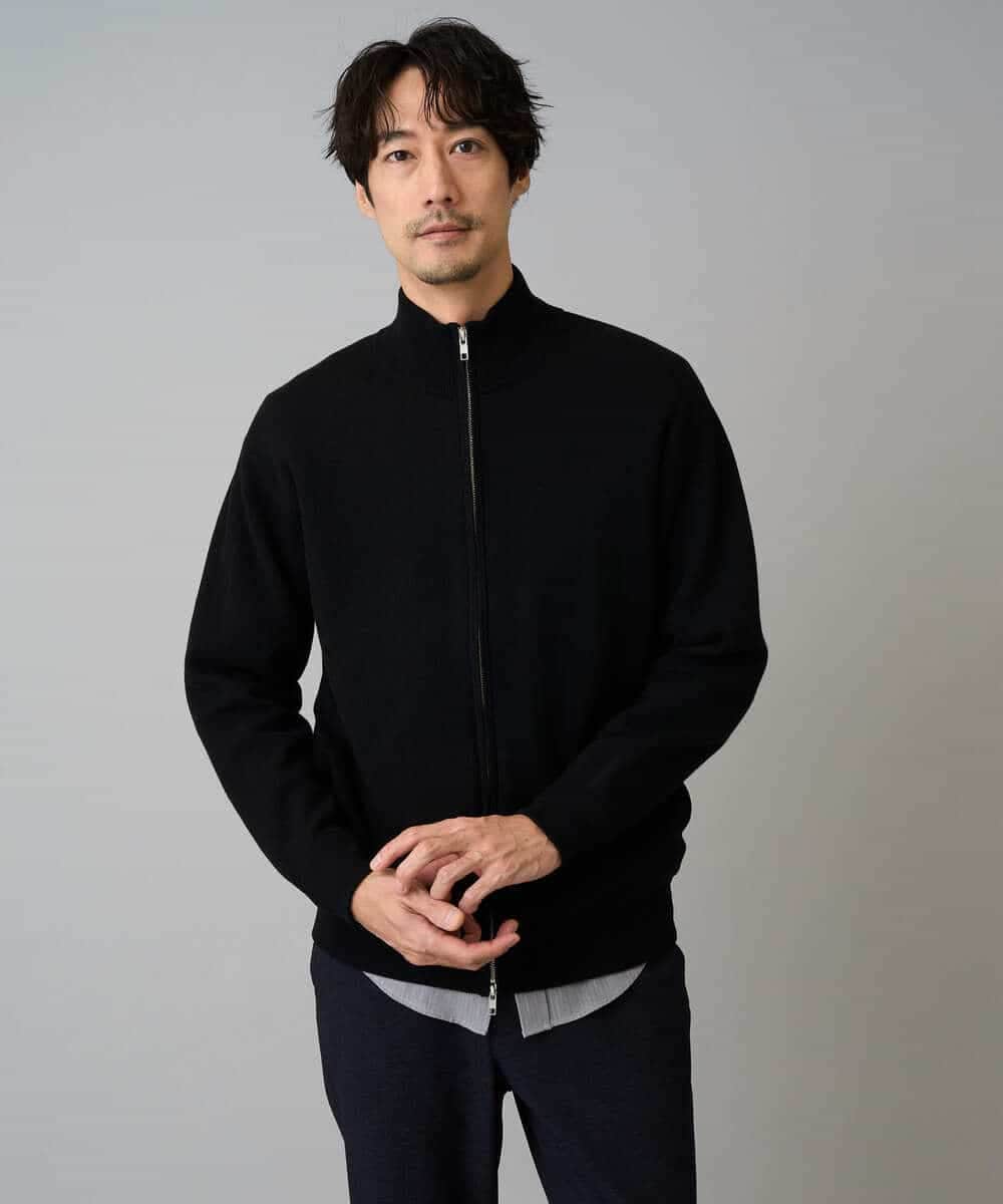 KHCAD20069 a.v.v MEN(アー・ヴェ・ヴェ) 【洗濯機で洗える】ダブルフェイスニットスタンドジップカーディガン ブラック