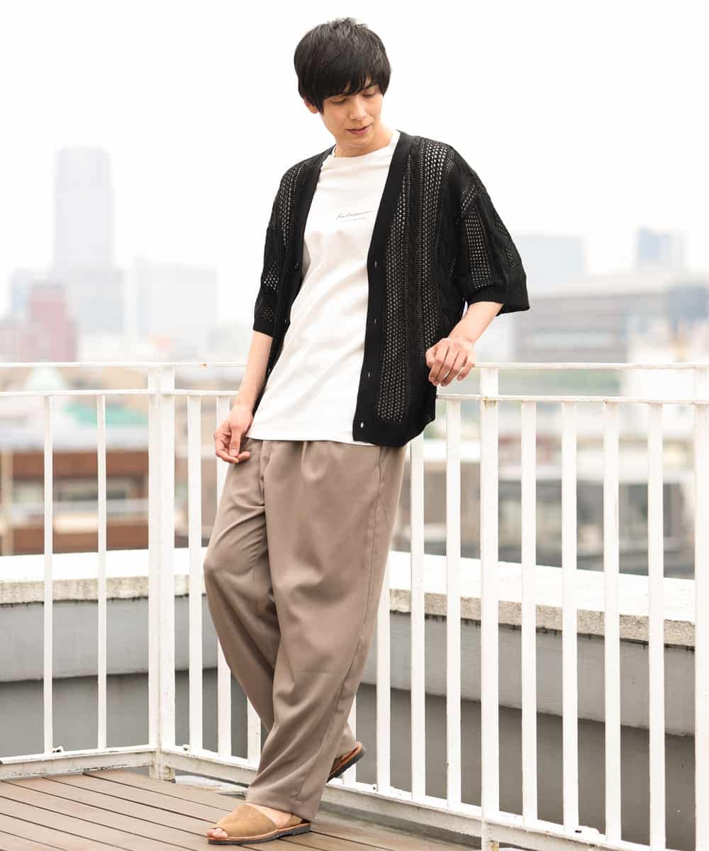 KHCHP51069 a.v.v MEN(アー・ヴェ・ヴェ) 【2SET/ドライタッチ】透かし編みワイドカーディガン（カットソー付き） グリーン