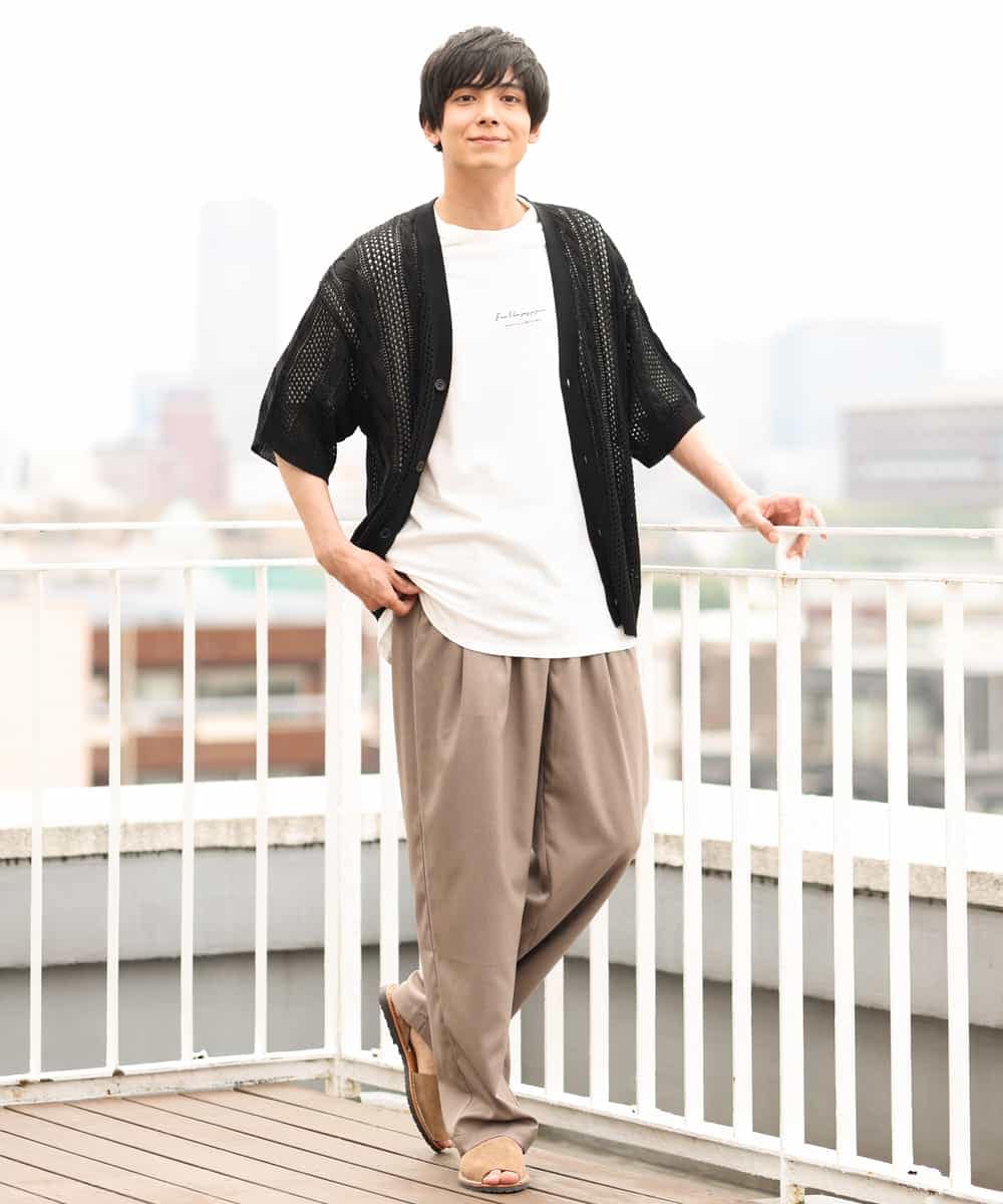 KHCHP51069 a.v.v MEN(アー・ヴェ・ヴェ) 【2SET/ドライタッチ】透かし編みワイドカーディガン（カットソー付き） グリーン