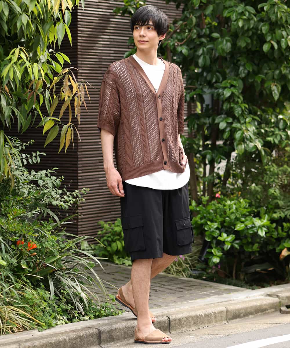 KHCHP51069 a.v.v MEN(アー・ヴェ・ヴェ) 【2SET/ドライタッチ】透かし編みワイドカーディガン（カットソー付き） グリーン