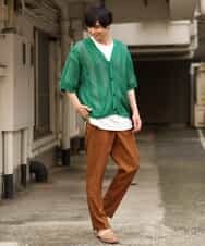 KHCHP51069 a.v.v MEN(アー・ヴェ・ヴェ) 【2SET/ドライタッチ】透かし編みワイドカーディガン（カットソー付き） グリーン