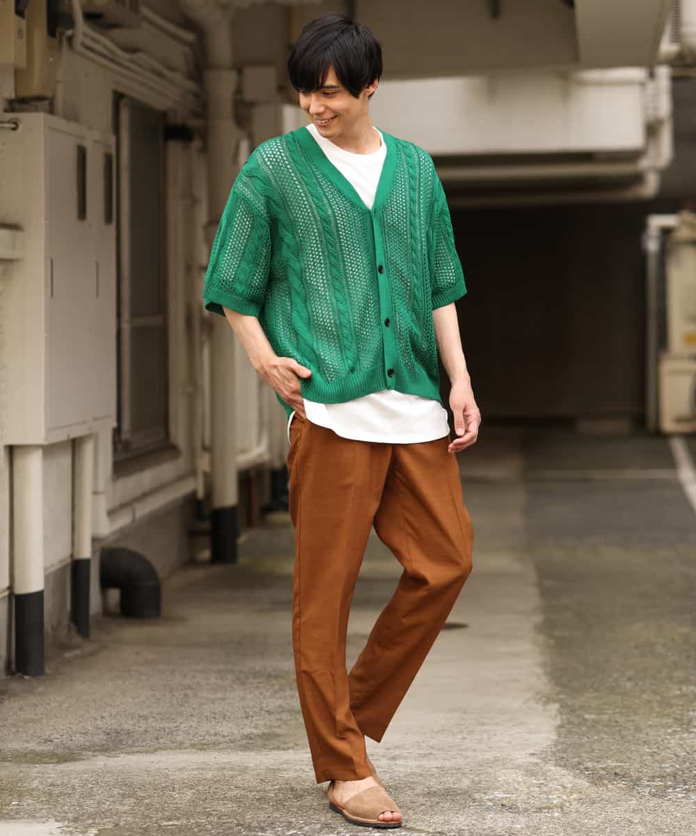 KHCHP51069 a.v.v MEN(アー・ヴェ・ヴェ) 【2SET/ドライタッチ】透かし編みワイドカーディガン（カットソー付き） グリーン