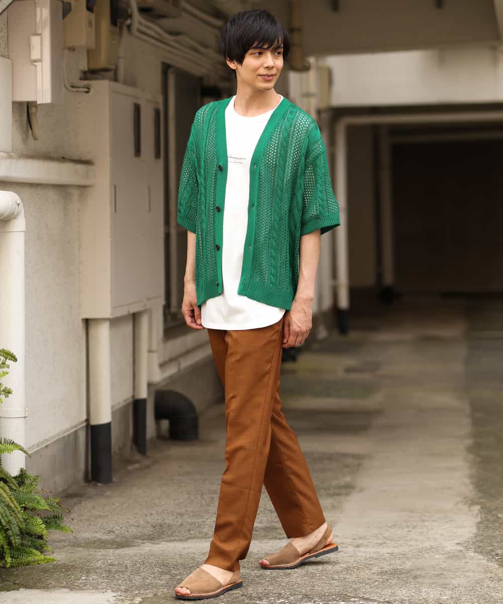 KHCHP51069 a.v.v MEN(アー・ヴェ・ヴェ) 【2SET/ドライタッチ】透かし編みワイドカーディガン（カットソー付き） グリーン