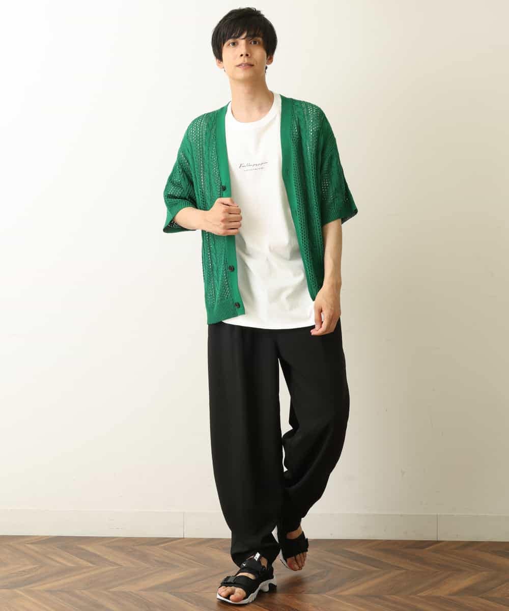 KHCHP51069 a.v.v MEN(アー・ヴェ・ヴェ) 【2SET/ドライタッチ】透かし編みワイドカーディガン（カットソー付き） グリーン