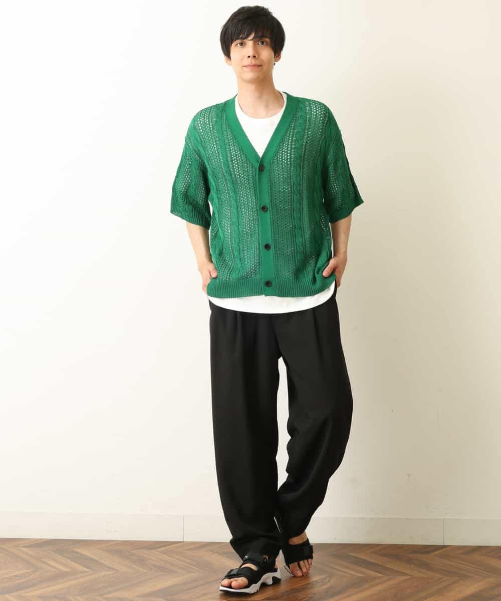 KHCHP51069 a.v.v MEN(アー・ヴェ・ヴェ) 【2SET/ドライタッチ】透かし編みワイドカーディガン（カットソー付き） グリーン