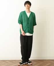 KHCHP51069 a.v.v MEN(アー・ヴェ・ヴェ) 【2SET/ドライタッチ】透かし編みワイドカーディガン（カットソー付き） グリーン