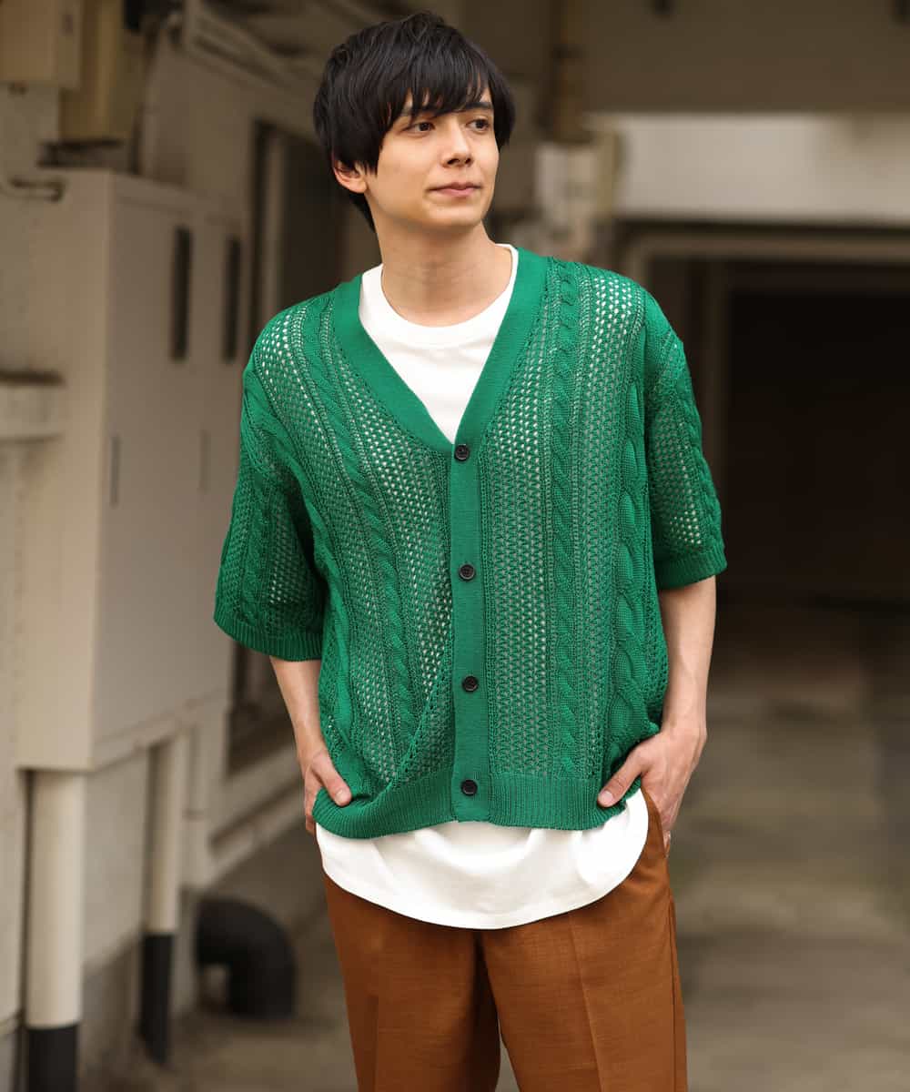 KHCHP51069 a.v.v MEN(アー・ヴェ・ヴェ) 【2SET/ドライタッチ】透かし編みワイドカーディガン（カットソー付き） グリーン