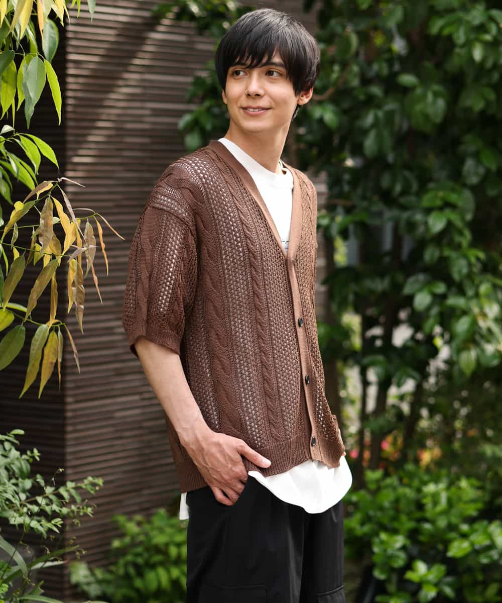 KHCHP51069 a.v.v MEN(アー・ヴェ・ヴェ) 【2SET/ドライタッチ】透かし編みワイドカーディガン（カットソー付き） グリーン