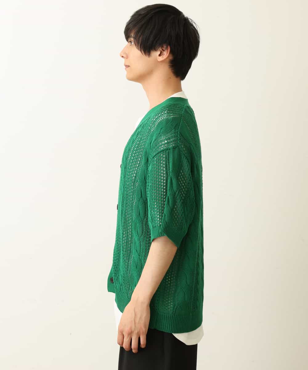 KHCHP51069 a.v.v MEN(アー・ヴェ・ヴェ) 【2SET/ドライタッチ】透かし編みワイドカーディガン（カットソー付き） グリーン