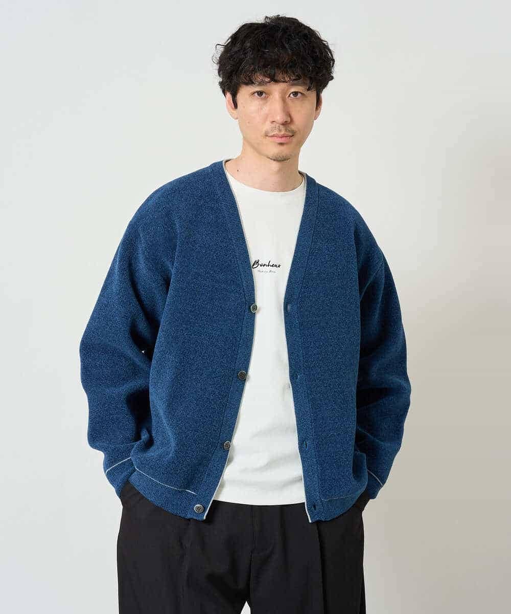 KHCJD06069 a.v.v MEN(アー・ヴェ・ヴェ) 【洗濯機で洗える】モールダブルフェイスニットカーディガン ブルー