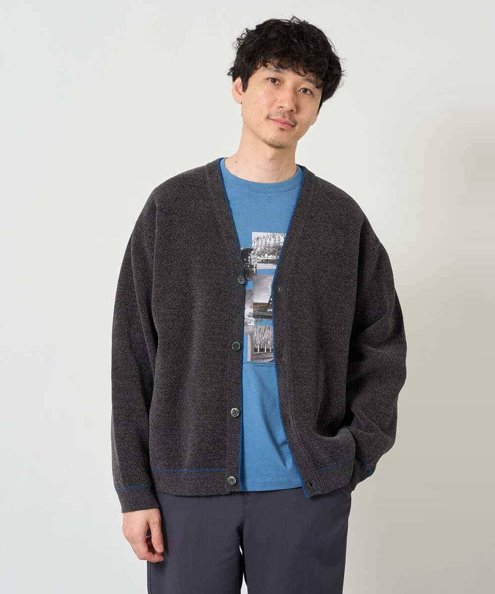 KHCJD06069 a.v.v MEN(アー・ヴェ・ヴェ) 【洗濯機で洗える】モールダブルフェイスニットカーディガン ダークグレー