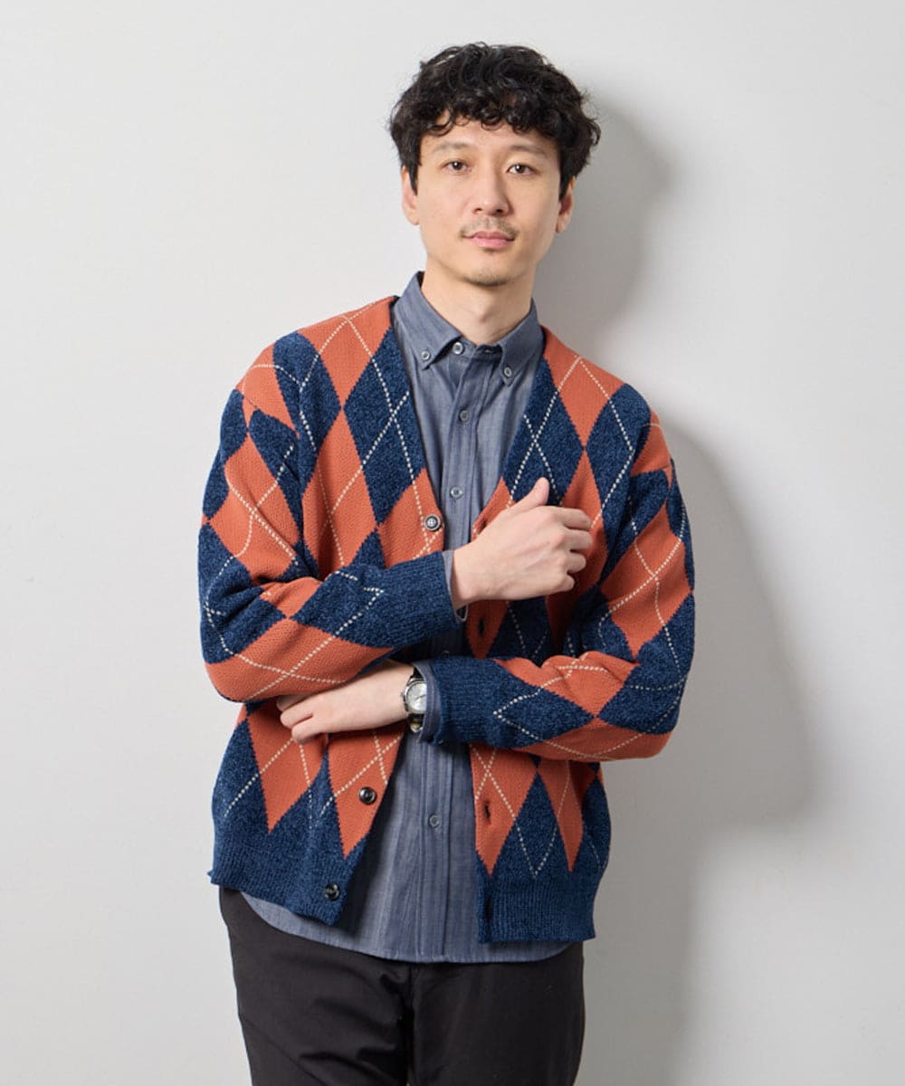 KHCKD07089 a.v.v MEN(アー・ヴェ・ヴェ) 【洗濯機で洗える】ポリモールアーガイルカーディガン グリーン