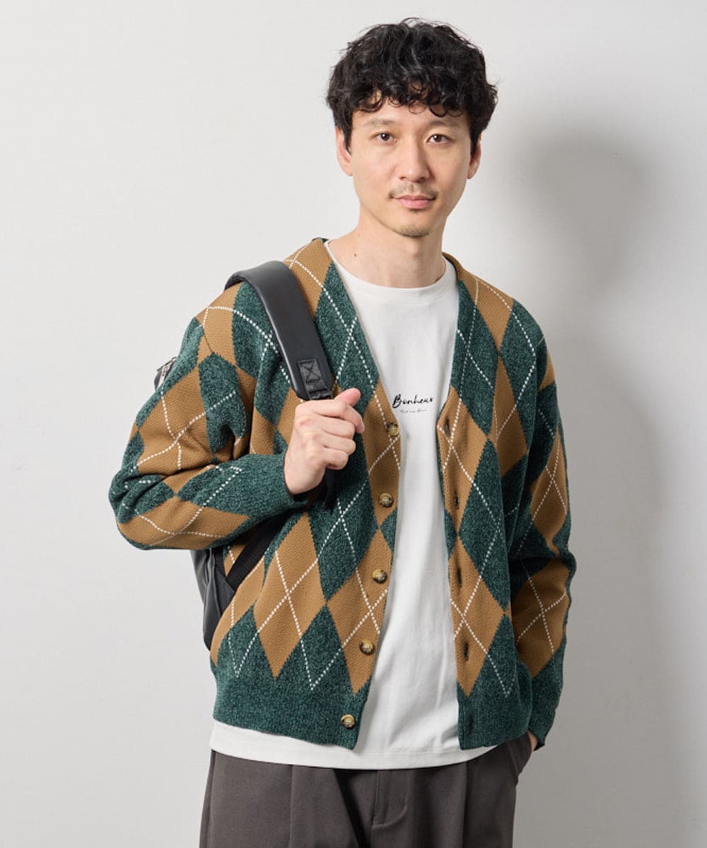 KHCKD07089 a.v.v MEN(アー・ヴェ・ヴェ) 【洗濯機で洗える】ポリモールアーガイルカーディガン グリーン