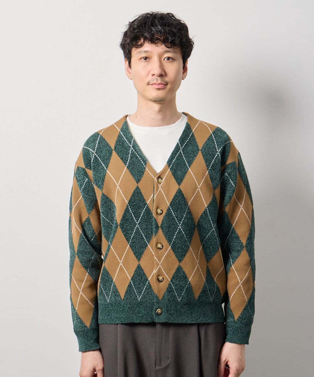 KHCKD07089 a.v.v MEN(アー・ヴェ・ヴェ) 【洗濯機で洗える】ポリモールアーガイルカーディガン グリーン