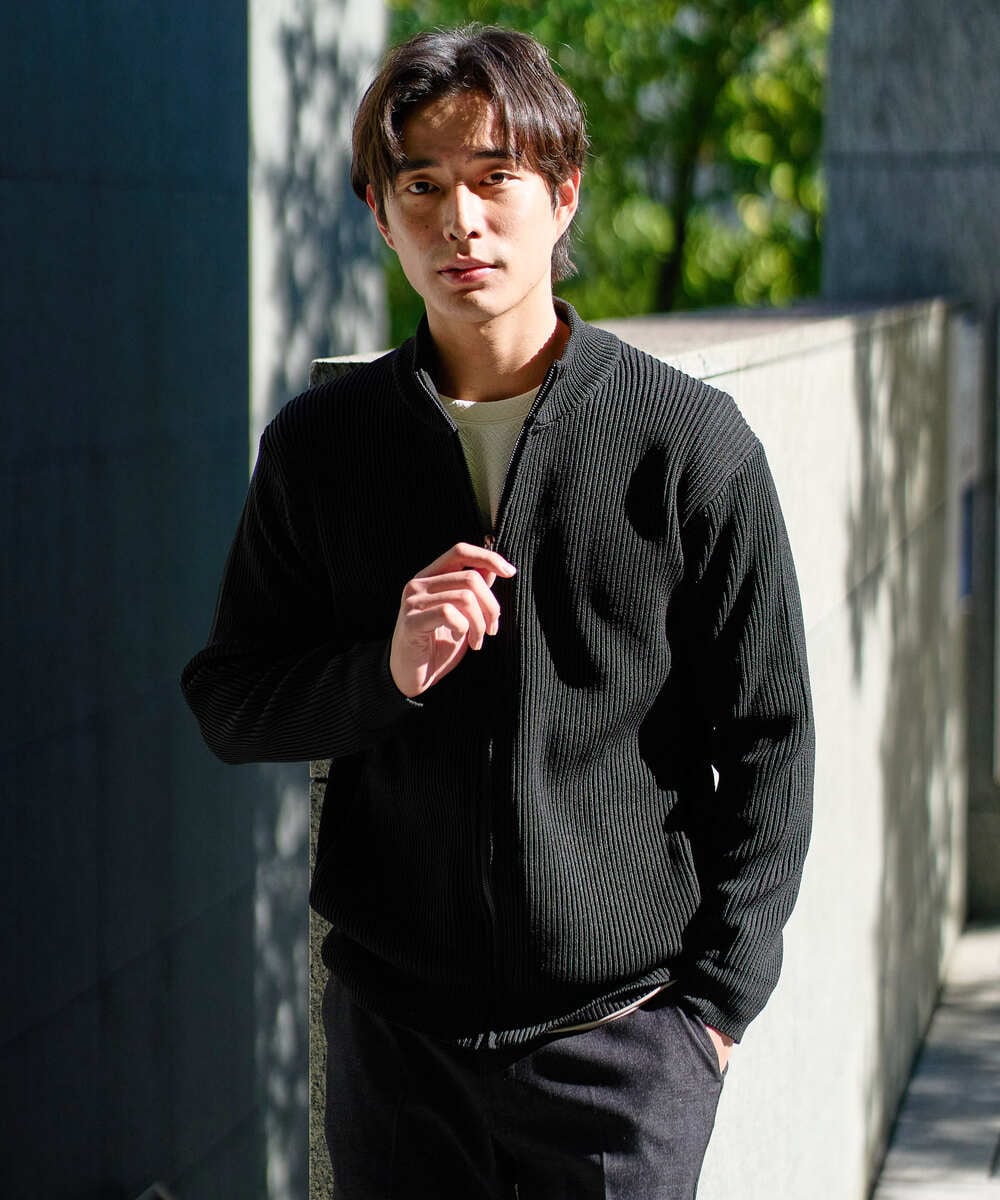 KHCLA13064 a.v.v MEN(アー・ヴェ・ヴェ) 【洗濯機で洗える】ポリエステルリブニットジップアップカーディガン ブラック