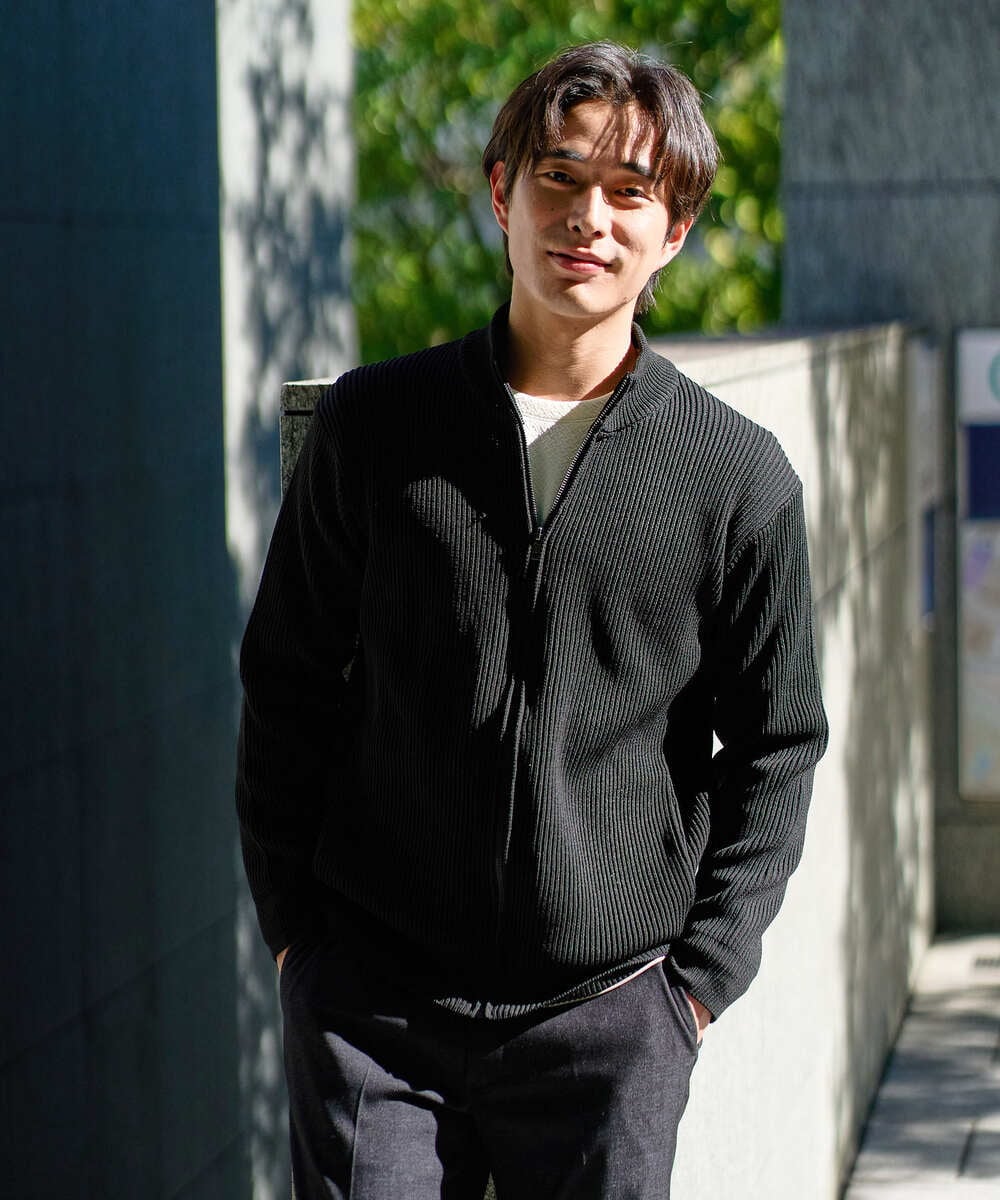 KHCLA13064 a.v.v MEN(アー・ヴェ・ヴェ) 【洗濯機で洗える】ポリエステルリブニットジップアップカーディガン ブラック