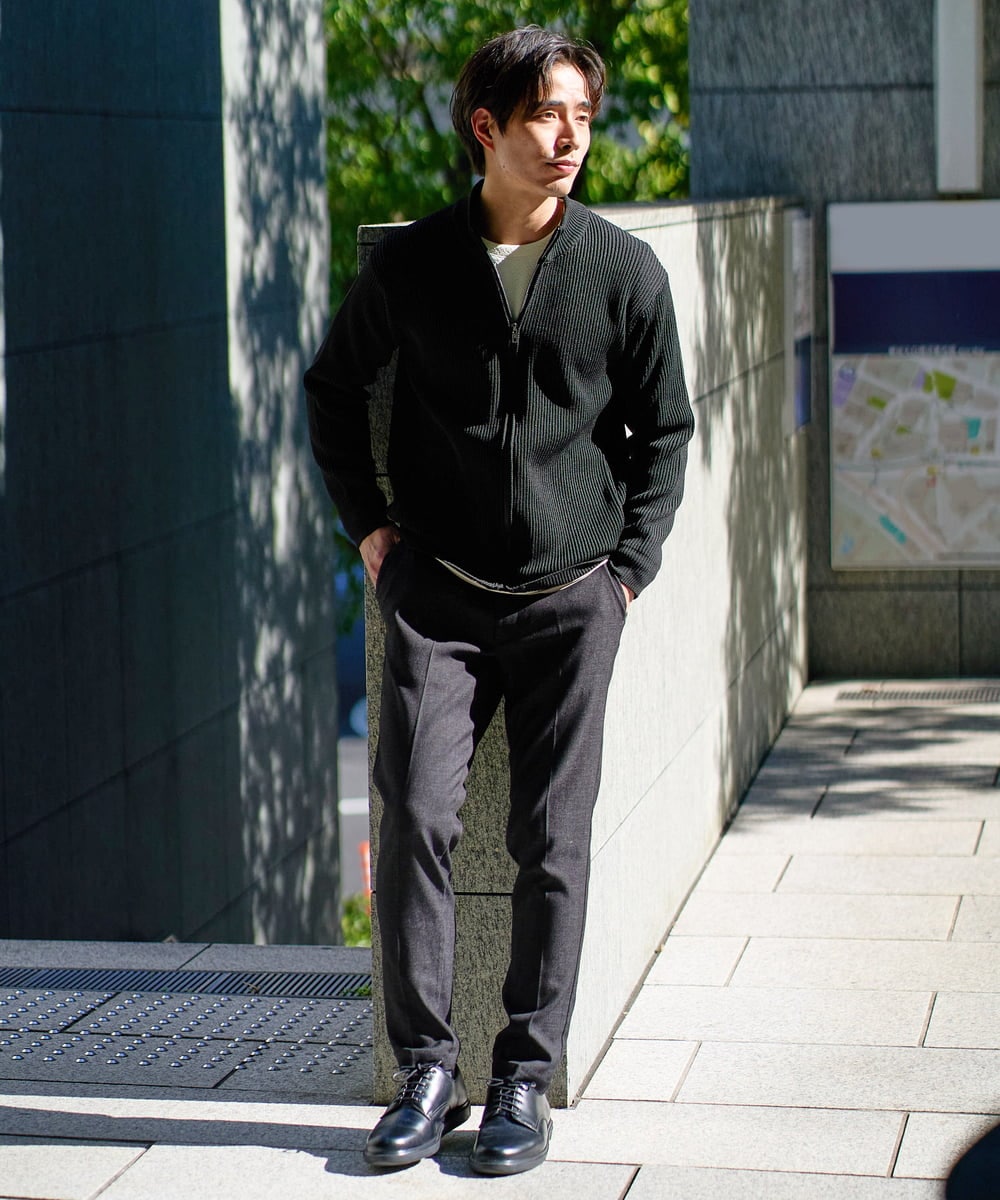 KHCLA13064 a.v.v MEN(アー・ヴェ・ヴェ) 【洗濯機で洗える】ポリエステルリブニットジップアップカーディガン ブラック