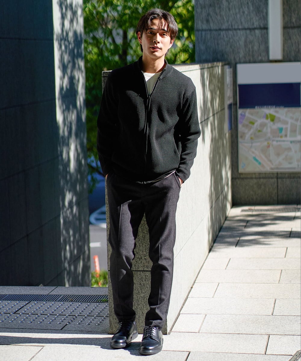 KHCLA13064 a.v.v MEN(アー・ヴェ・ヴェ) 【洗濯機で洗える】ポリエステルリブニットジップアップカーディガン ブラック