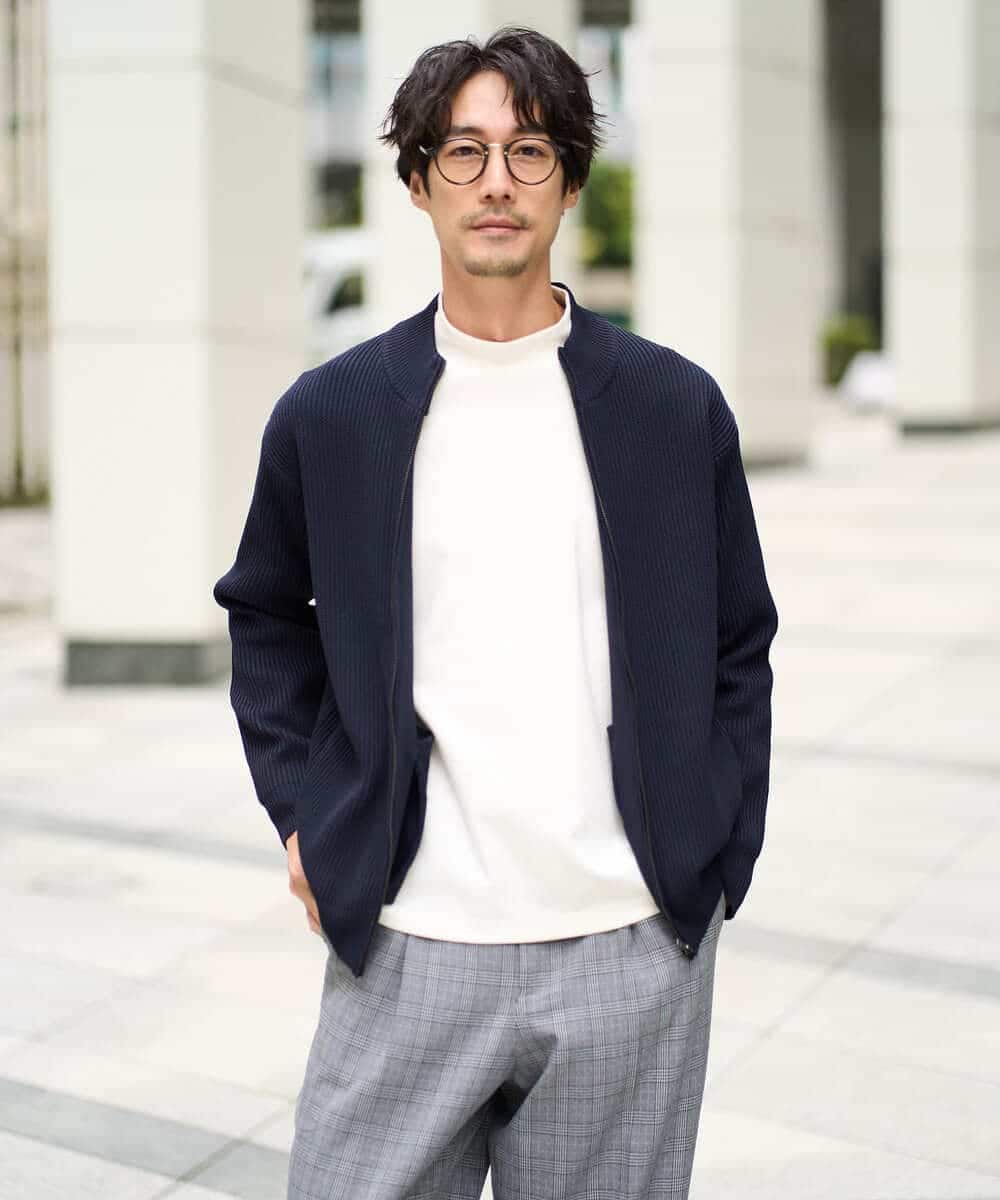 KHCLA13064 a.v.v MEN(アー・ヴェ・ヴェ) 【洗濯機で洗える】ポリエステルリブニットジップアップカーディガン ブラック