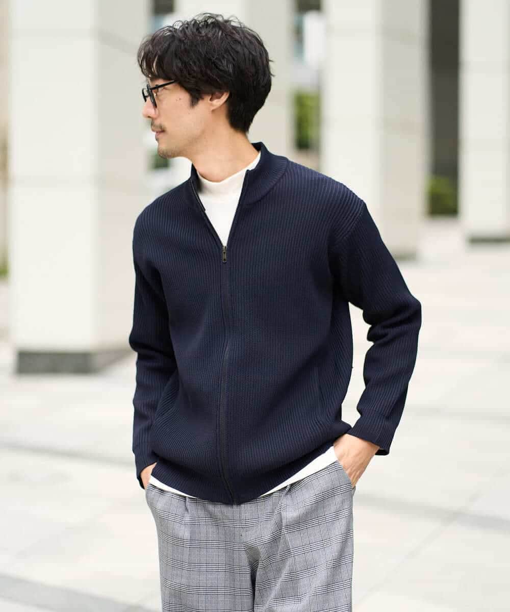 KHCLA13064 a.v.v MEN(アー・ヴェ・ヴェ) 【洗濯機で洗える】ポリエステルリブニットジップアップカーディガン ブラック