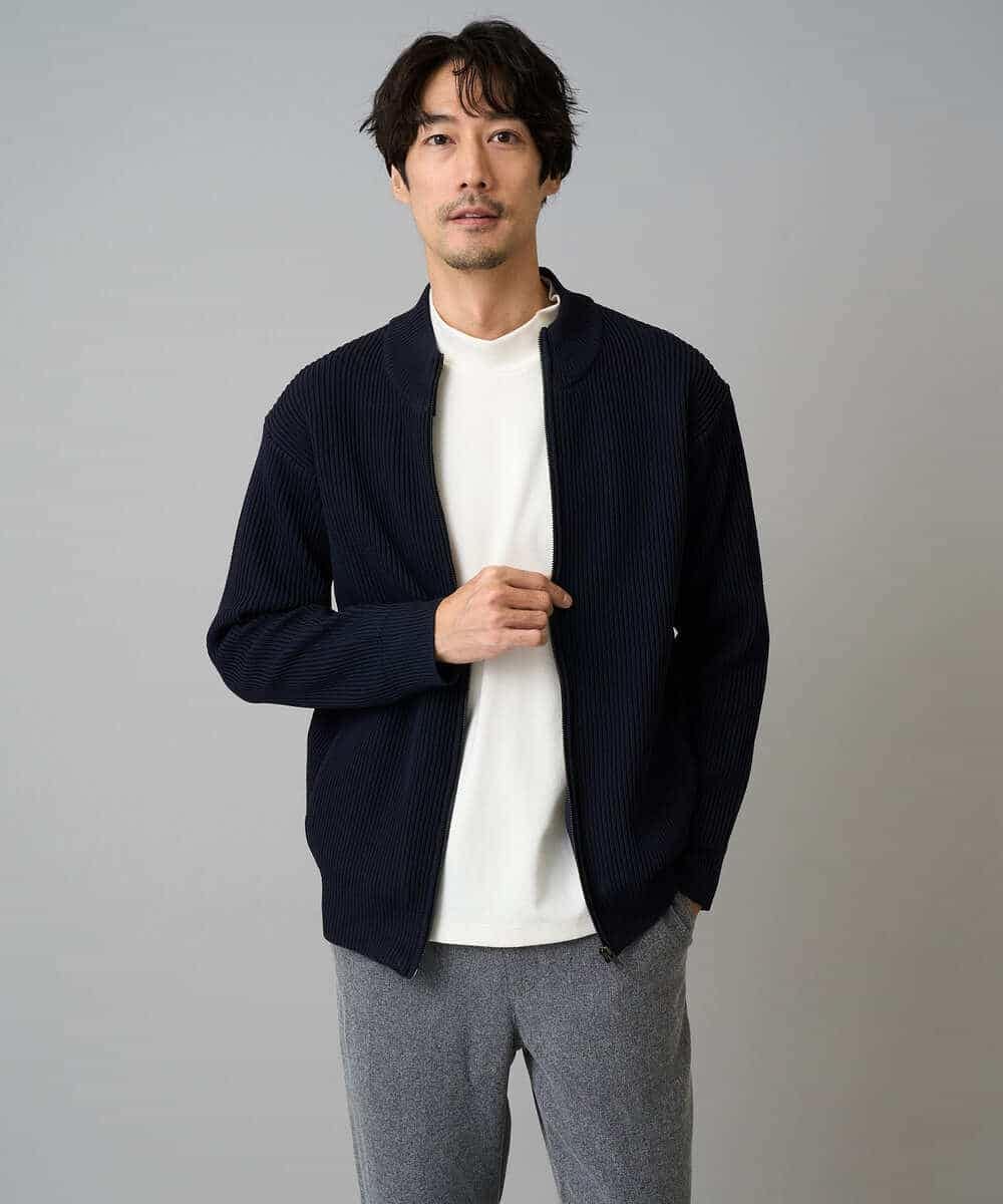 KHCLA13064 a.v.v MEN(アー・ヴェ・ヴェ) 【洗濯機で洗える】ポリエステルリブニットジップアップカーディガン ブラック