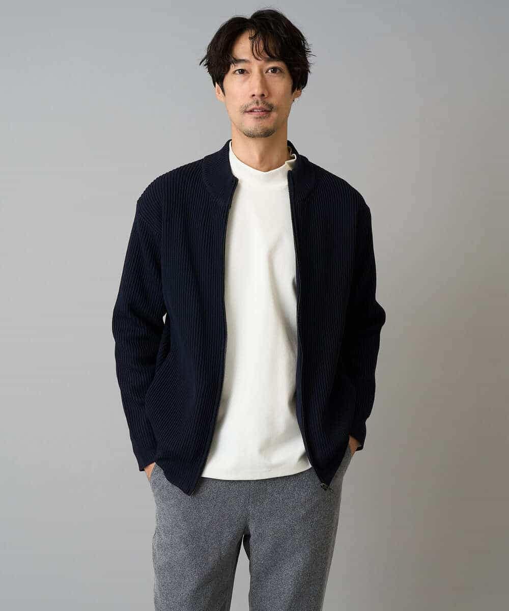 KHCLA13064 a.v.v MEN(アー・ヴェ・ヴェ) 【洗濯機で洗える】ポリエステルリブニットジップアップカーディガン ブラック