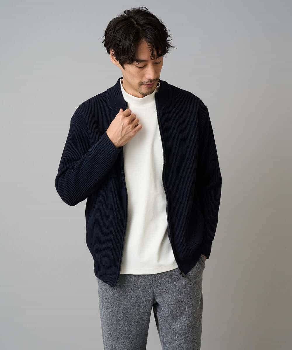 KHCLA13064 a.v.v MEN(アー・ヴェ・ヴェ) 【洗濯機で洗える】ポリエステルリブニットジップアップカーディガン ブラック