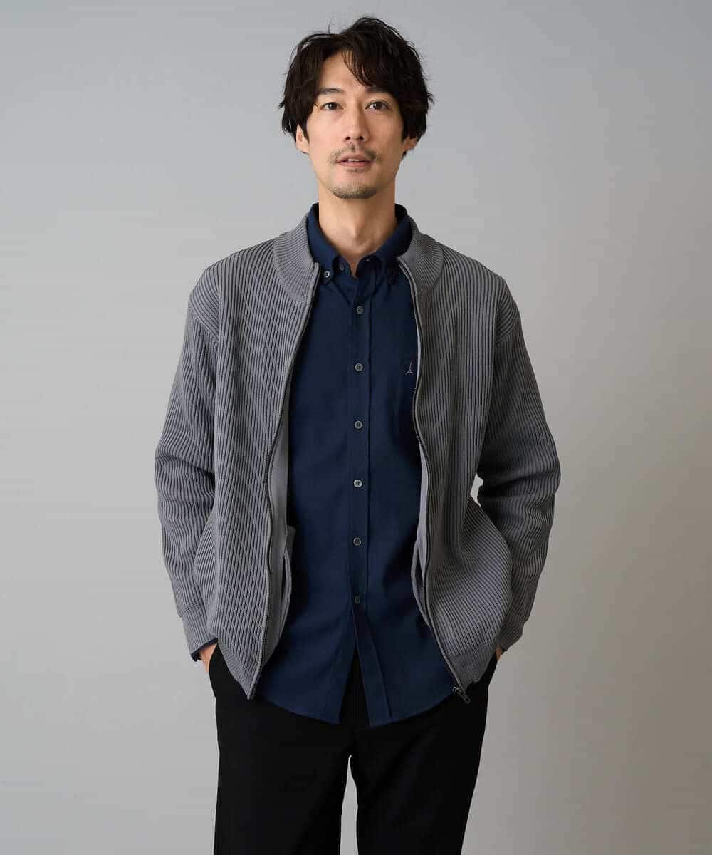 KHCLA13064 a.v.v MEN(アー・ヴェ・ヴェ) 【洗濯機で洗える】ポリエステルリブニットジップアップカーディガン ブラック