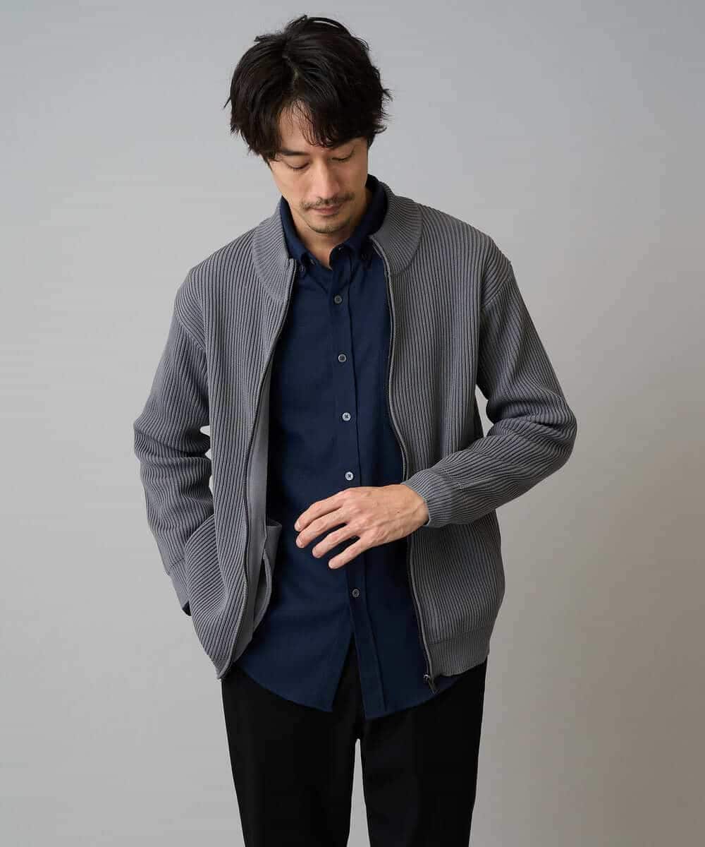 KHCLA13064 a.v.v MEN(アー・ヴェ・ヴェ) 【洗濯機で洗える】ポリエステルリブニットジップアップカーディガン ブラック