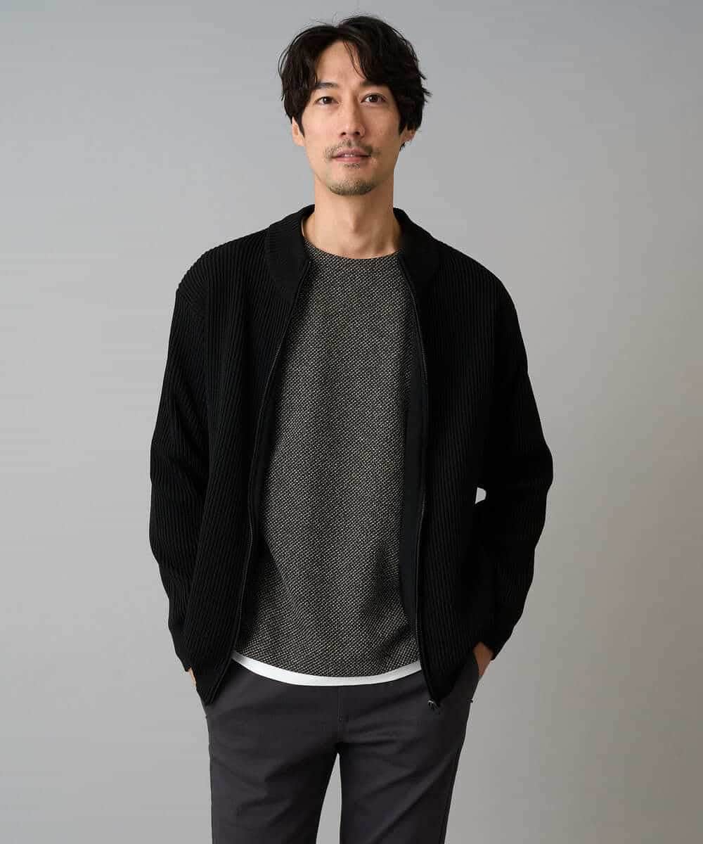 KHCLA13064 a.v.v MEN(アー・ヴェ・ヴェ) 【洗濯機で洗える】ポリエステルリブニットジップアップカーディガン ブラック