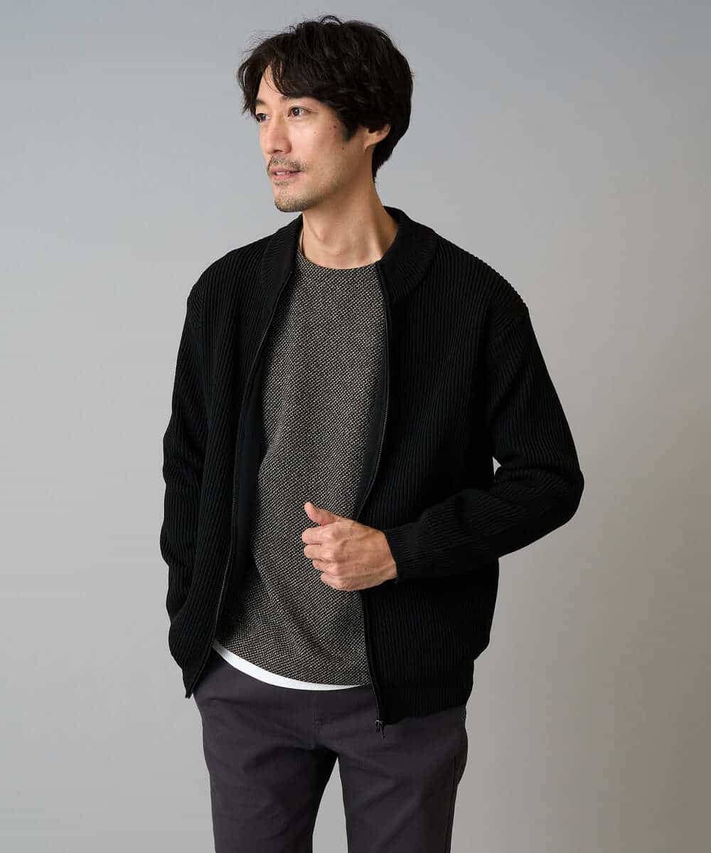 KHCLA13064 a.v.v MEN(アー・ヴェ・ヴェ) 【洗濯機で洗える】ポリエステルリブニットジップアップカーディガン ブラック