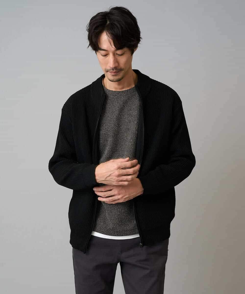 KHCLA13064 a.v.v MEN(アー・ヴェ・ヴェ) 【洗濯機で洗える】ポリエステルリブニットジップアップカーディガン ブラック