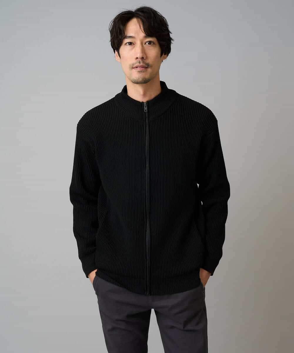 KHCLA13064 a.v.v MEN(アー・ヴェ・ヴェ) 【洗濯機で洗える】ポリエステルリブニットジップアップカーディガン ブラック