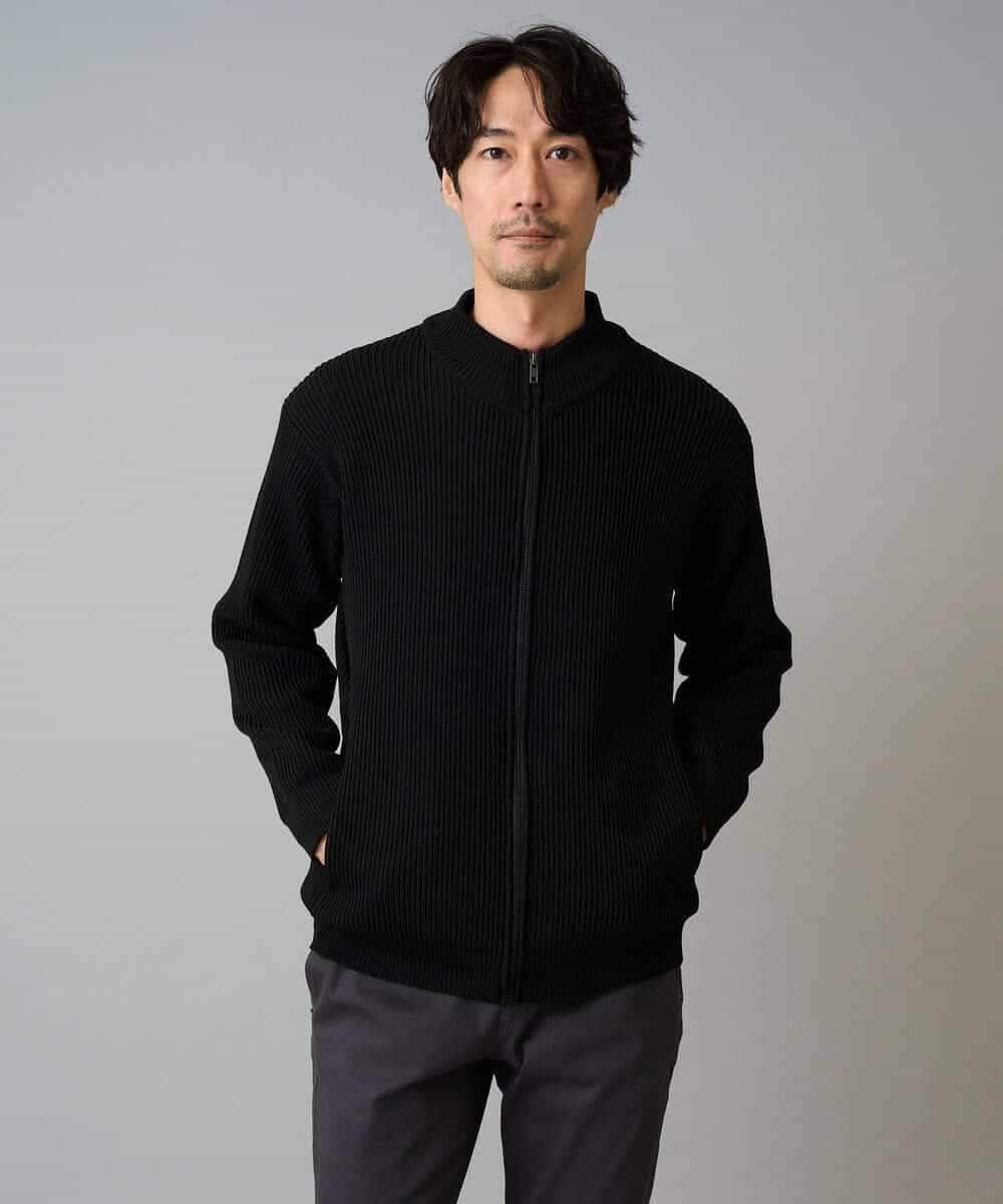 KHCLA13064 a.v.v MEN(アー・ヴェ・ヴェ) 【洗濯機で洗える】ポリエステルリブニットジップアップカーディガン ブラック