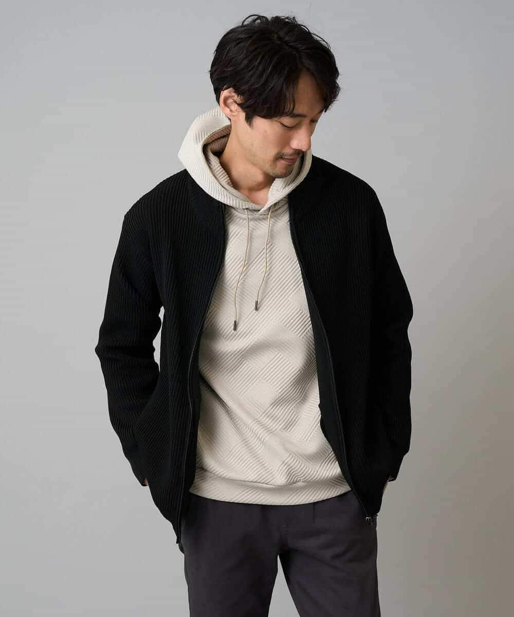 KHCLA13064 a.v.v MEN(アー・ヴェ・ヴェ) 【洗濯機で洗える】ポリエステルリブニットジップアップカーディガン ブラック